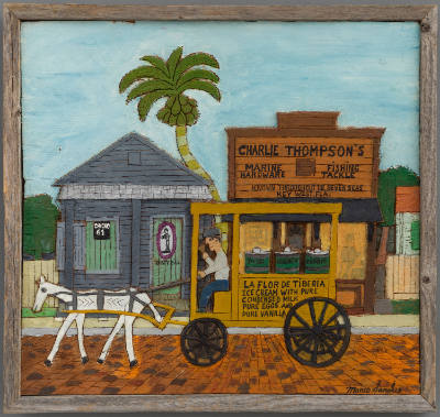 Mario Sanchez, “Charlie Thompson’s”,  Key West, Florida, c. 1960, Paint on wood, 14 1/4 × 15 1/…