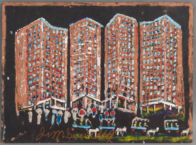 Jimmy Lee Sudduth, “New York City”, Fayette, Alabama, c. 1989–1993, Acrylic paint and mud on pl…