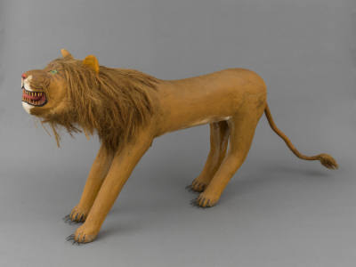 Felipe Benito Archuleta, “Lion”, Tesuque, New Mexico, Dated 12-30-77, Cottonwood, hair, paint, …