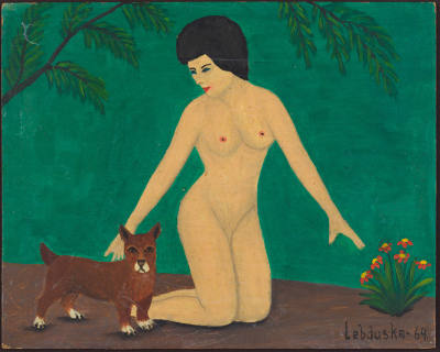 Lawrence Lebduska, “Nude with Dog”,  New York, 1964, Oil on cardboard, 8 1/8 × 10 ¼ in., Collec…