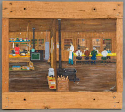 Bob Carter, “Dining Scene”, Oroville, California, 1975, Acrylic on Masonite, 23 11/16 × 26 3/4 …