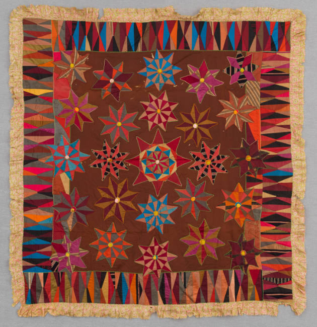 Artist unidentified, “Pinwheel Stars and Diamond Border Quilt”, United States, 1880–1900, Silks…