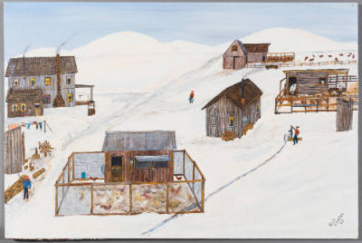 Bob Carter, “Houses in Snow”, Oroville, California, 1975, Acrylic on Masonite, 16 × 24 in., Col…