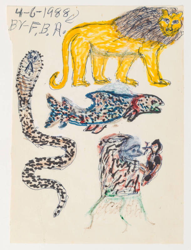 Felipe Benito Archuleta, “Lion, Fish, Snake, & Bird”, Tesuque, New Mexico, n.d., Marker, pen, c…