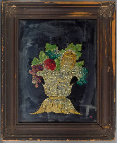 Artist unidentified, “Fruit in Silver Bowl”, United States, n.d., Paint, foil, glass, wood (fra…