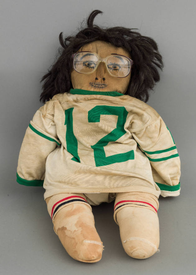 Nellie Mae Rowe, “Doll”, Vinings, Georgia, n.d., Hair wig, cotton paint, eyeglasses, 24 × 14 × …