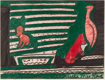 Nellie Mae Rowe, “Untitled (animals against striped background)”, Vinings, Georgia, n.d., Crayo…