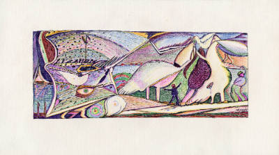 Louis Monza, “The Great Exodus”, New York, 1966, Crayon and ink on paper, 6 3/8 × 15 3/4 in., C…