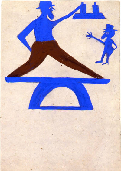 Bill Traylor, Untitled (Blue Construction, Figures, and Bottles; or Two Men Reaching for Bottle…