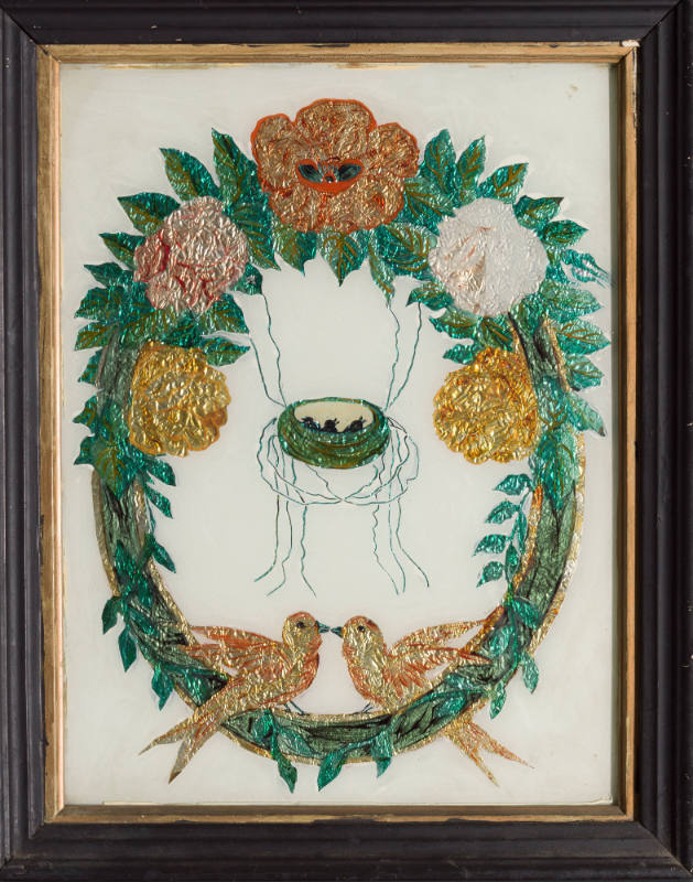 Artist unidentified, “Wreath of Flowers with Mourning Doves and Nest”, United States, c. 1870s,…