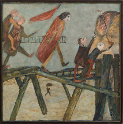 Jon Serl, “Untitled (Man and Woman buying a Fish)”, United States, n.d., Oil on board, 47 3/4 x…