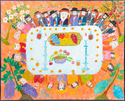 Harry Lieberman, “Group Around a Seder Table”, Great Neck, New York, n.d., Acrylic on paper, 16…