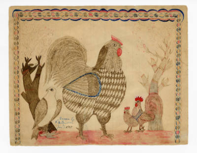 R.Y. Beider, “Roosters”,  United States, January 7th, 1847, Pen and ink on ledger paper, 7 5/8 …