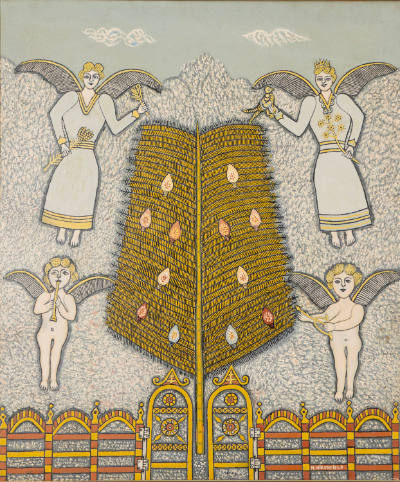 Morris Hirshfield, “Christmas Tree and Angels”, New York City, 1946, Oil on canvas, 30 1/4 x 25…