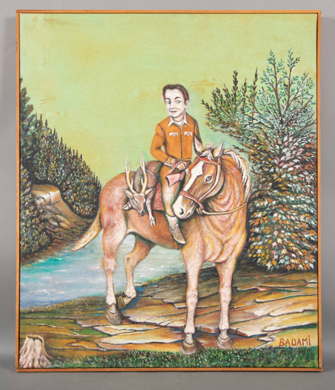 Andrea Badami, “Untitled (Boy with Deer on Horse)”, Omaha, Nebraska, 1964–1974, Paint on canvas…