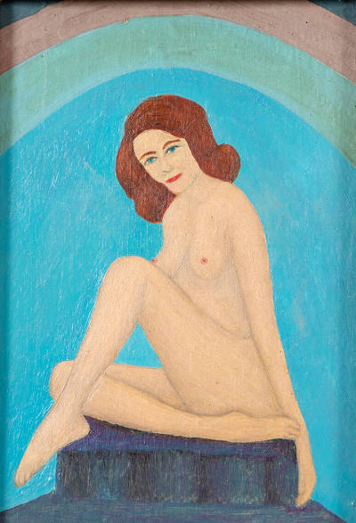  Lawrence Lebduska, “Nude”, New York, 1964, Oil on Masonite, wood frame, glue, 5 3/4 × 4 in., C…