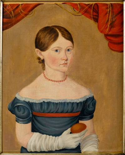 Artist unidentified, possibly Sheldon Peck, “Young Girl in Blue dress and white gloves holding …