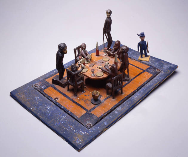 Elijah Pierce, (1892–1984), “Monkeys at a Card Table,” Columbus, Ohio, 1938 - 1940, Wood, cardb…