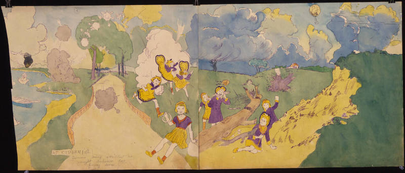 Henry Darger, (1892–1973), “"At Cedernine Jennie being wounded is caught between firing lines",…