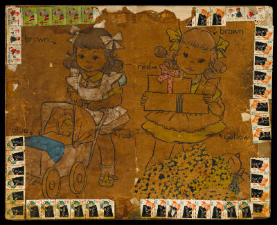 Henry Darger, “Untitled (two girls ironing)”, Chicago, After 1959, Coloring book pages with wat…