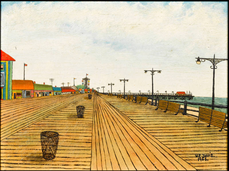 Boardwalk with Litter Baskets
Vestie Davis, 1903-1978
New York City
1956
Oil on carboard ca…