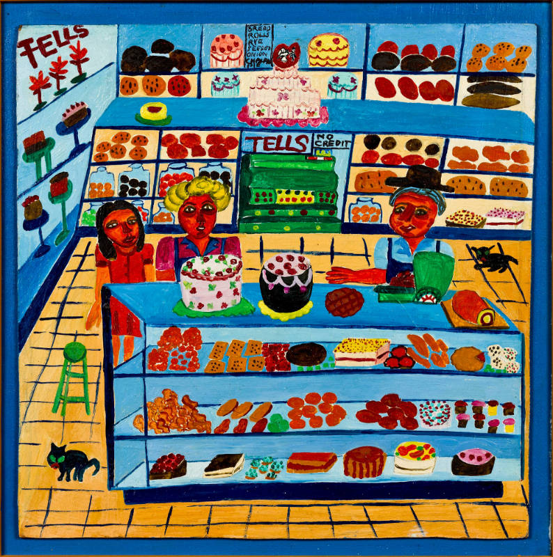 Tells Bakery
Malcah Zeldis, b. 1931
Acrylic on wood panel
11 1/4 x11 1/4"
Collection Americ…