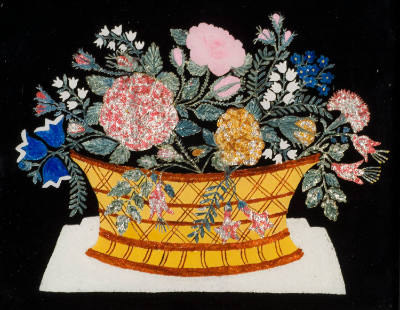 Basket of Flowers
Artist unidentified
United States
c. 1866
Reverse painting and foil on gl…
