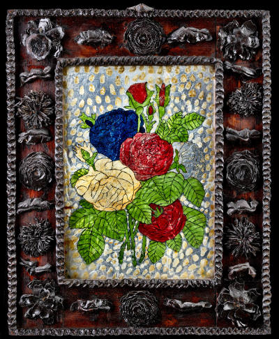 Artist unidentified, “Flowers in Leather Floral Frame,” United States, c. 1860, Reverse paintin…