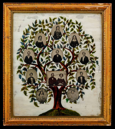 Family Tree with Photographs
Artist unidentifed
United States
c. 1850–1860
Reverse painting…