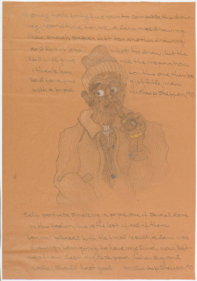 Charles Steffen, (1927–1995), “Man with a Pipe,” Chicago, Illinois, 1990, Pencil on brown wrapp…