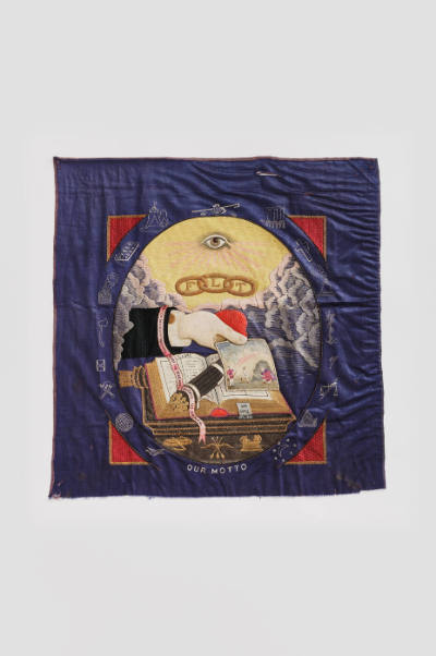 Artist unidentified, “Our Motto,” Probably Japan, 1880–1900, Silk, metallic thread, and embroid…