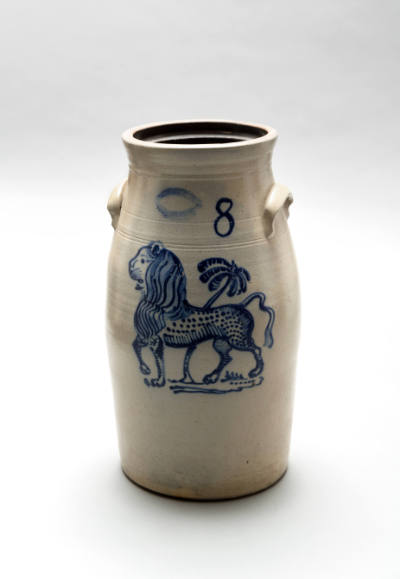 Marked J. Burger Jr. (1844–1904), “Churn with Prancing Lion and Palm Tree,” Rochester, New York…
