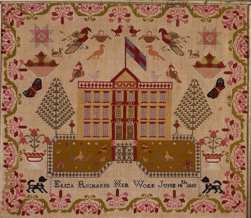 Eliza Richards, “Embroidered Picture,” United States, 1863, Wool thread on linen, 25 1/2 × 22 i…