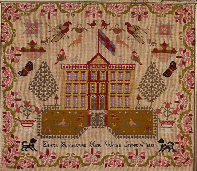 Eliza Richards, “Embroidered Picture,” United States, 1863, Wool thread on linen, 25 1/2 × 22 i…