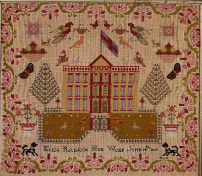 Eliza Richards, “Embroidered Picture,” United States, 1863, Wool thread on linen, 25 1/2 × 22 i…