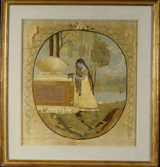 Elizabeth Merrick, “Mourning picture,” Cape Cod, 1800–1900 Silk embroidery on silk, 19 3/4 × 18…