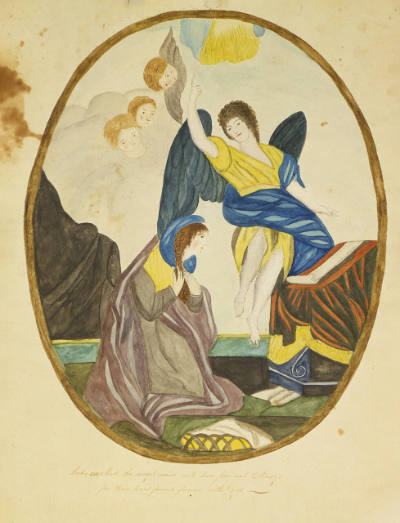 Artist unidentified, “The Annunciation,” Possibly New York, 1820–1840, Watercolor on paper, 10 …