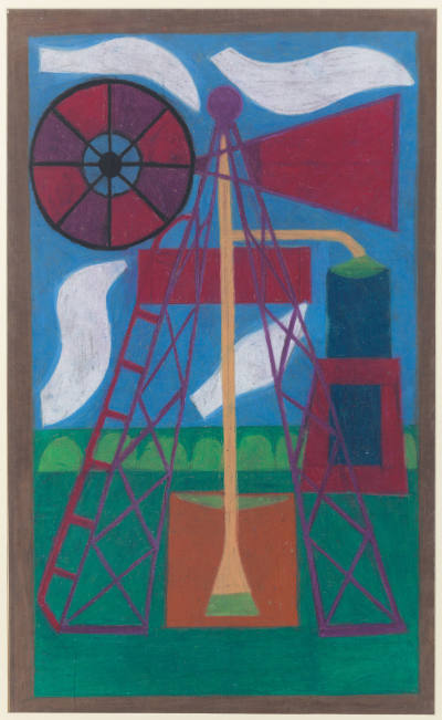 Eddie Arning, (1898–1993), “Windmill”, Austin, Texas, n.d., Oil pastel on laid gray/green paper…