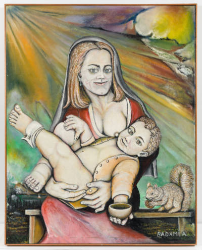 Andrea Badami, (1913–2002), “Madonna with Child and Squirrel,” Omaha, Nebraska, 1973, Oil on ca…