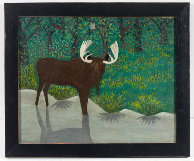 Ellis Ruley, “Moose in Stream”, United States, n.d., Oil based house paint on academy board, 19…