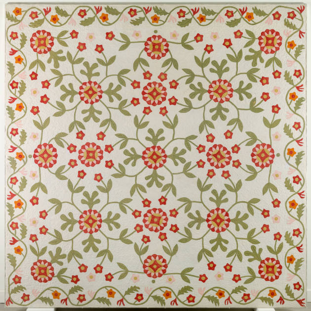 Artist unidentified, “Whig Rose and Trailing Vine Quilt,” United States, c. 1860, Cotton, 87 1/…