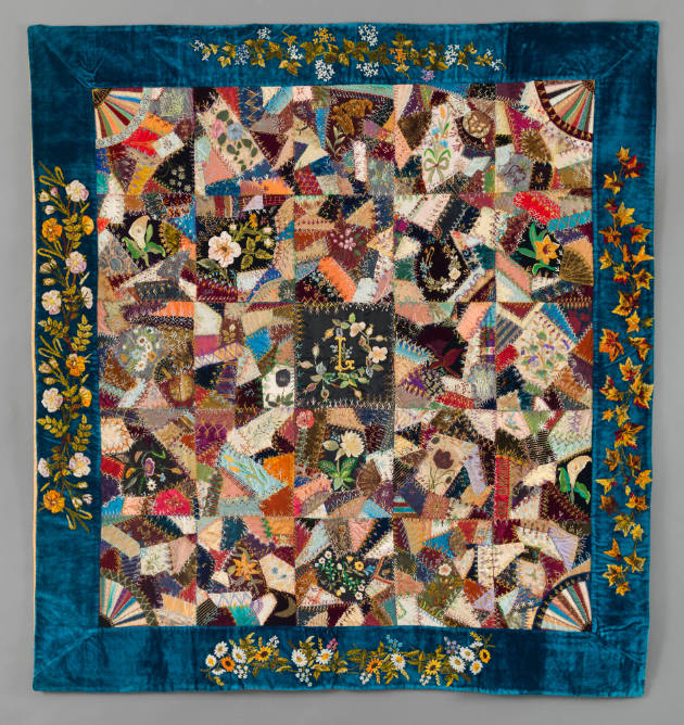 Clara Leon, (1845–1921), “Crazy Quilt,” Las Vegas, New Mexico, c. 1885, Silks and velvets, with…