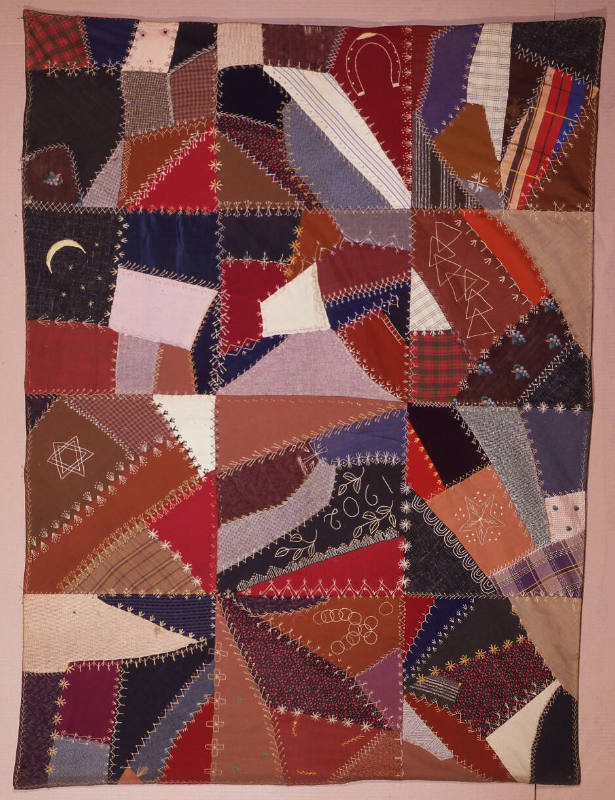 Artist unidentified, “Crazy Quilt”,  United States, Wool, cotton, rayon, cotton embroidery, 61 …
