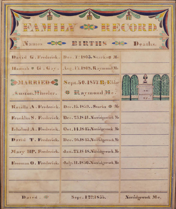 Heart & Hand Artist, “Frederick-Gay Family Record,” Norridgewock, Maine, 1853, Watercolor and i…