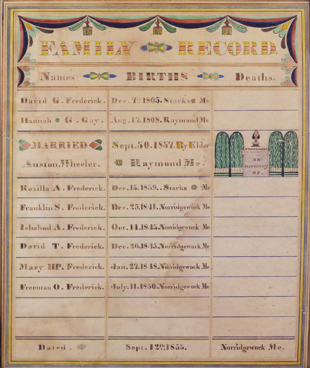 Heart & Hand Artist, “Frederick-Gay Family Record,” Norridgewock, Maine, 1853, Watercolor and i…