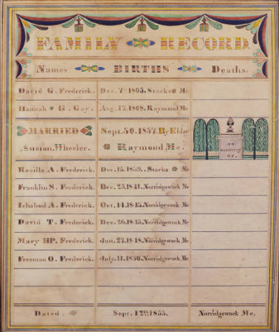 Heart & Hand Artist, “Frederick-Gay Family Record,” Norridgewock, Maine, 1853, Watercolor and i…