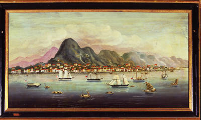 Artist unidentified, “Hong Kong Harbor”, China, Mid-nineteenth century, Oil on canvas, 14 1/8 ×…