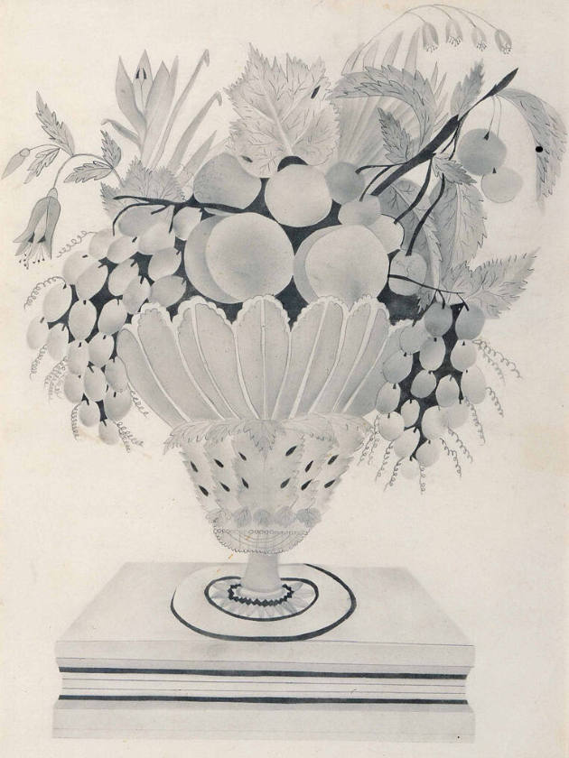 Vase of Fruit
Artist unidentified
New England
c. 1830–1860
Watercolor and pencil on paper
…