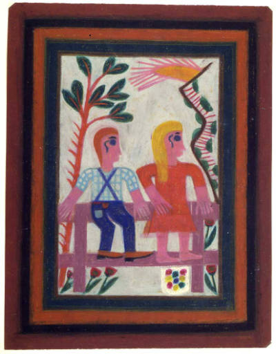 Eddie Arning, (1898–1993), “Boy and Girl Sitting On Fence”, Austin, Texas, n.d., Oil pastel on …