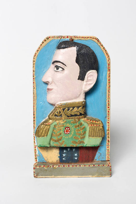 Jose de los Santos Moreno, “Portrait of Simon Bolivar,” Merida, Venezuela, 1989, Paint on wood,…